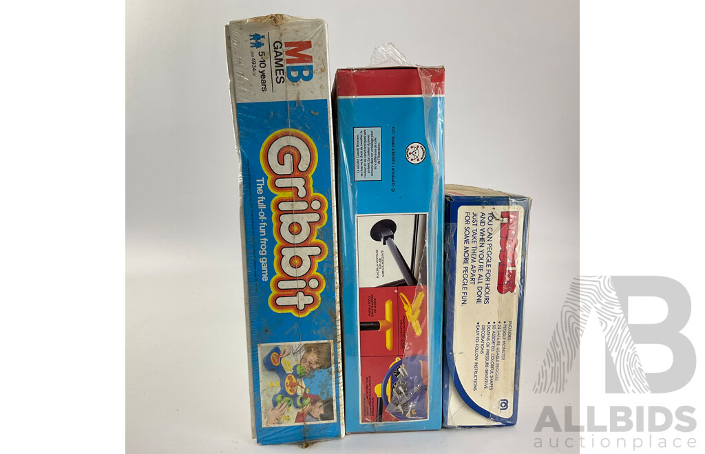 Vintage Milton Bradley Gribbit, Mego Corp Peggles and Crown & Andrews Backseat Driver All in Sealed Boxes