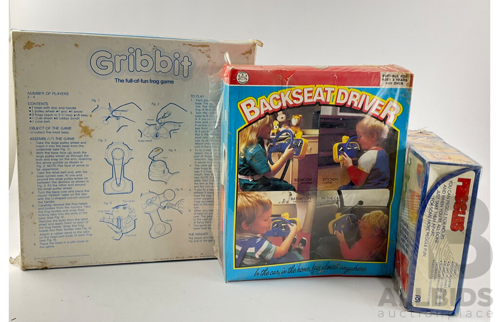 Vintage Milton Bradley Gribbit, Mego Corp Peggles and Crown & Andrews Backseat Driver All in Sealed Boxes