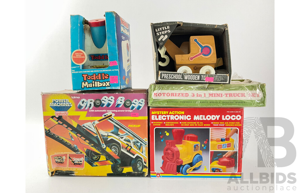 Collection of Boxed Vintage Toys Including Tolmer Cross Boss Pick Up, Toddle Mail Box Kaleidoscope, Little Steps Wooden Crane, Mystery Action Electronic Melody Loco