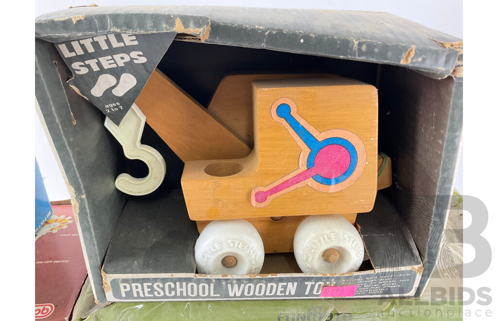 Collection of Boxed Vintage Toys Including Tolmer Cross Boss Pick Up, Toddle Mail Box Kaleidoscope, Little Steps Wooden Crane, Mystery Action Electronic Melody Loco