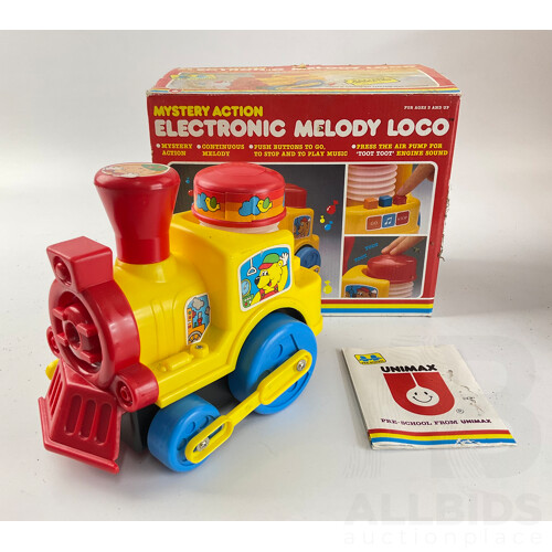 Collection of Boxed Vintage Toys Including Tolmer Cross Boss Pick Up, Toddle Mail Box Kaleidoscope, Little Steps Wooden Crane, Mystery Action Electronic Melody Loco