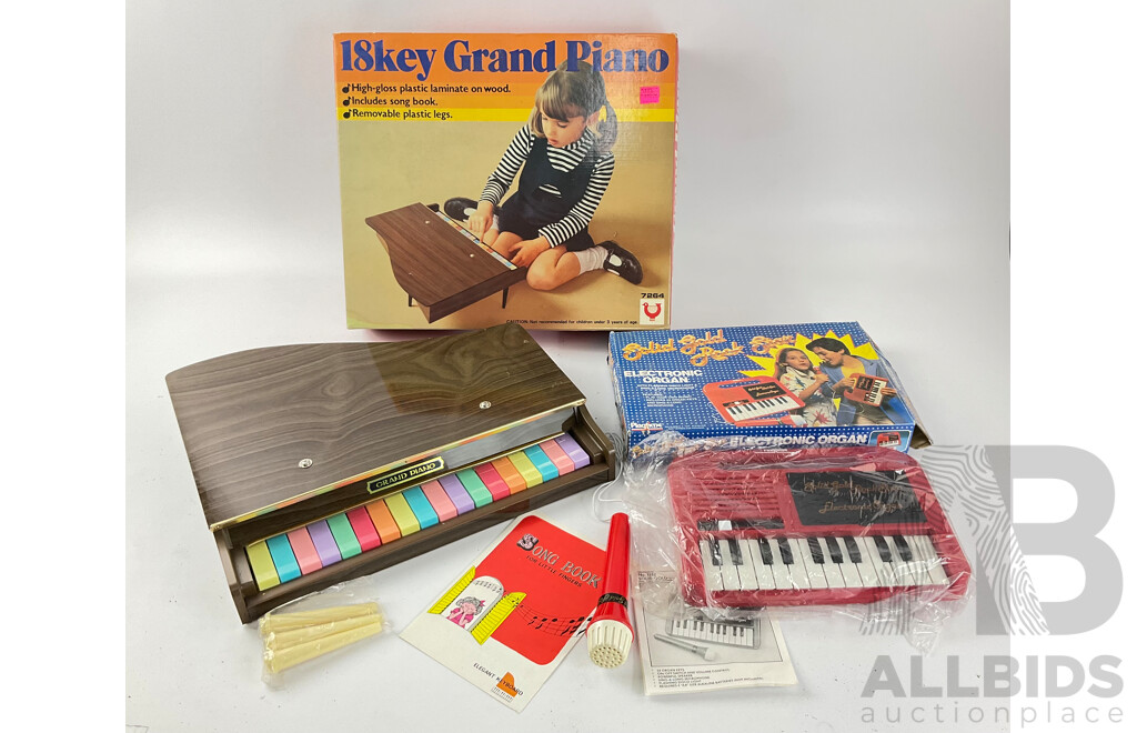 Vintage Inoue Eighteen Key Grand Piano and Playtime Solid Gold Rock Star Electronic Organ in Original Packaging