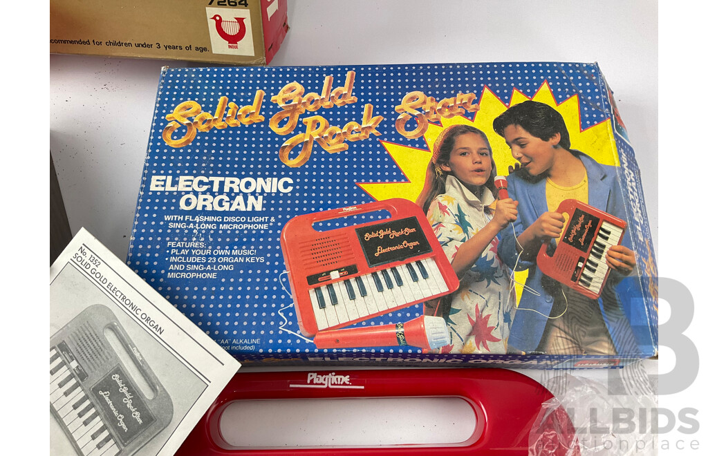 Vintage Inoue Eighteen Key Grand Piano and Playtime Solid Gold Rock Star Electronic Organ in Original Packaging