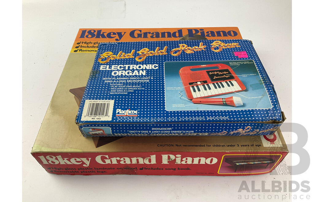 Vintage Inoue Eighteen Key Grand Piano and Playtime Solid Gold Rock Star Electronic Organ in Original Packaging