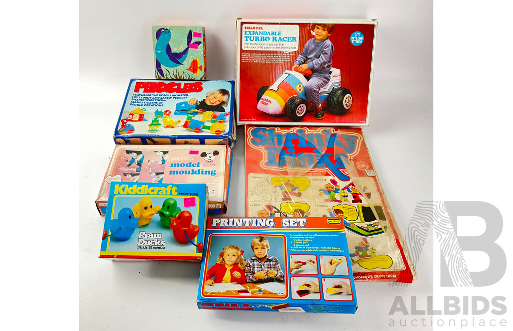 Collection of Vintage Toys and Games Including Shrinky Dinks, Kiddicraft Pram Ducks, Peggles, Printing Set Expendable Turbo Racer, Mako Model Molding and My First Puzzles, All in Original Packaging