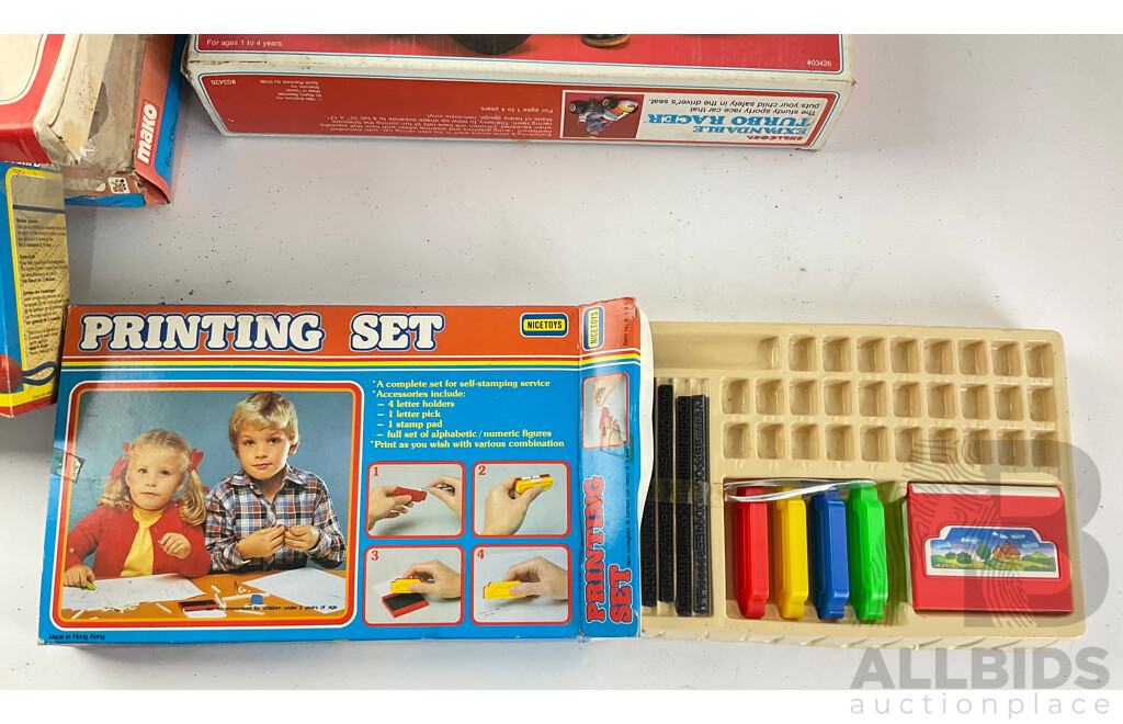 Collection of Vintage Toys and Games Including Shrinky Dinks, Kiddicraft Pram Ducks, Peggles, Printing Set Expendable Turbo Racer, Mako Model Molding and My First Puzzles, All in Original Packaging