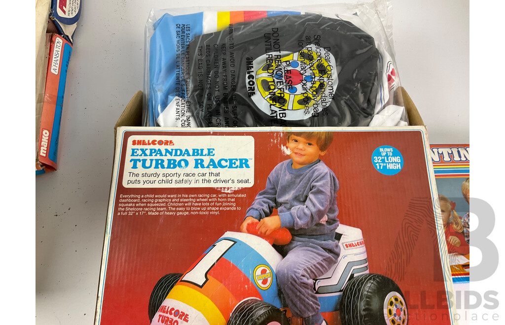 Collection of Vintage Toys and Games Including Shrinky Dinks, Kiddicraft Pram Ducks, Peggles, Printing Set Expendable Turbo Racer, Mako Model Molding and My First Puzzles, All in Original Packaging