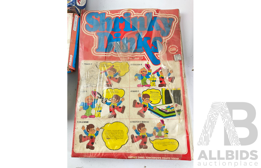 Collection of Vintage Toys and Games Including Shrinky Dinks, Kiddicraft Pram Ducks, Peggles, Printing Set Expendable Turbo Racer, Mako Model Molding and My First Puzzles, All in Original Packaging