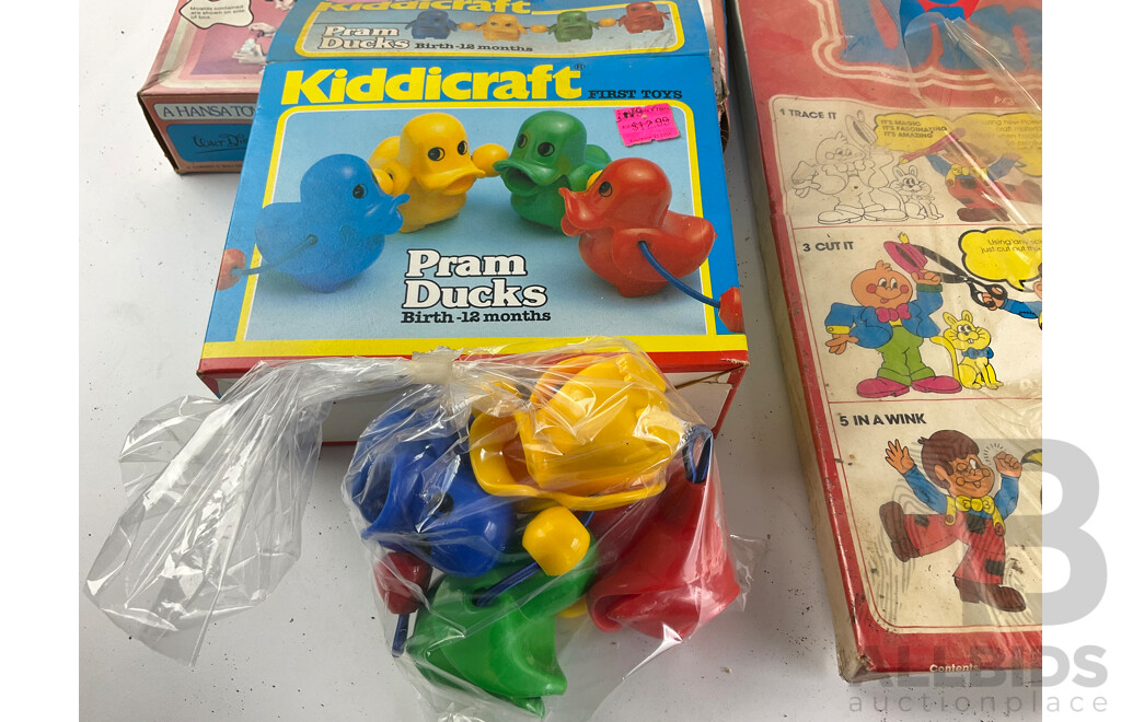 Collection of Vintage Toys and Games Including Shrinky Dinks, Kiddicraft Pram Ducks, Peggles, Printing Set Expendable Turbo Racer, Mako Model Molding and My First Puzzles, All in Original Packaging