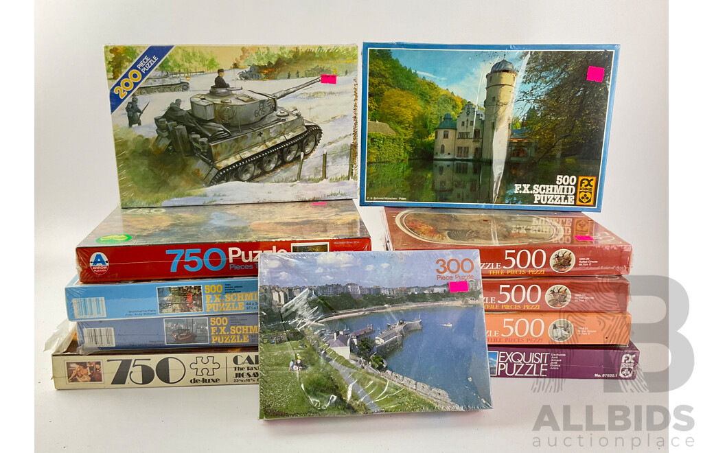 Collection of Vintage Jigsaw Puzzles Including Nature, Military and Maritime Themes, All in Sealed Boxes