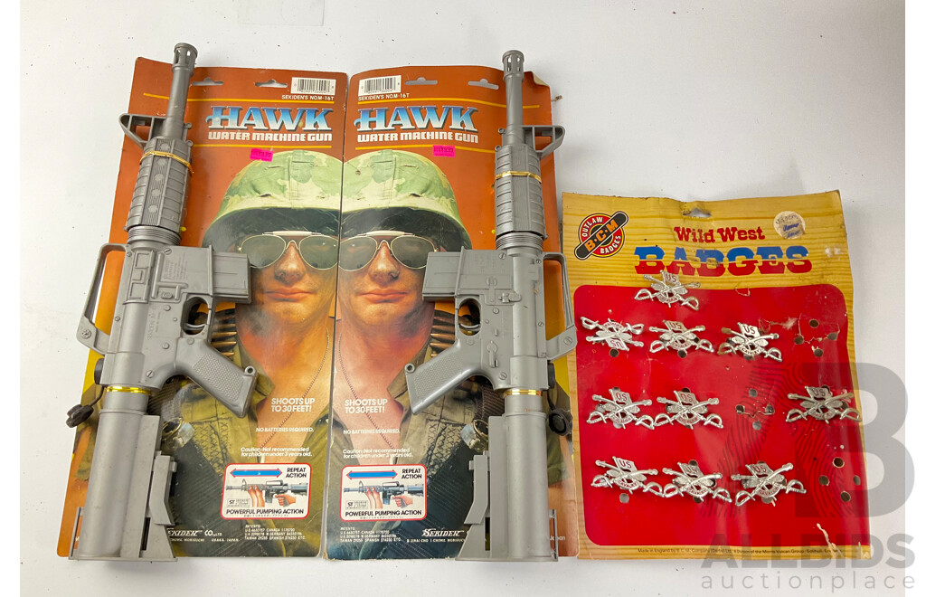 Two Vintage Sekiden Hawk Water Machine Guns Made in Japan and BCM Steel Wild West Badges