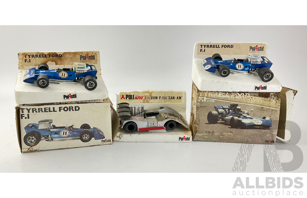 1970's Polistil Tyrrell Formular One Fords and BRM P154 Can Am with Water Damaged Packaging 1:25 Scale