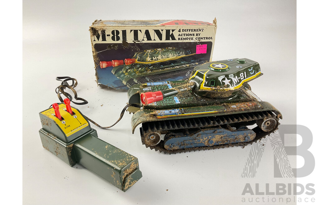 Vintage Trade Mark Modern Toys Pressed Steel Remote Controlled Tank, with Weathered Box, Made in Japan