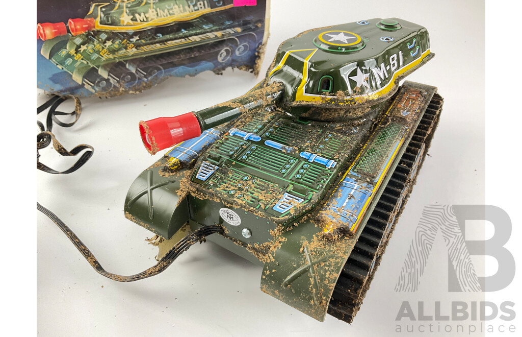 Vintage Trade Mark Modern Toys Pressed Steel Remote Controlled Tank, with Weathered Box, Made in Japan