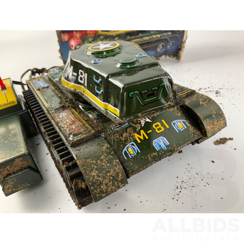 Vintage Trade Mark Modern Toys Pressed Steel Remote Controlled Tank, with Weathered Box, Made in Japan