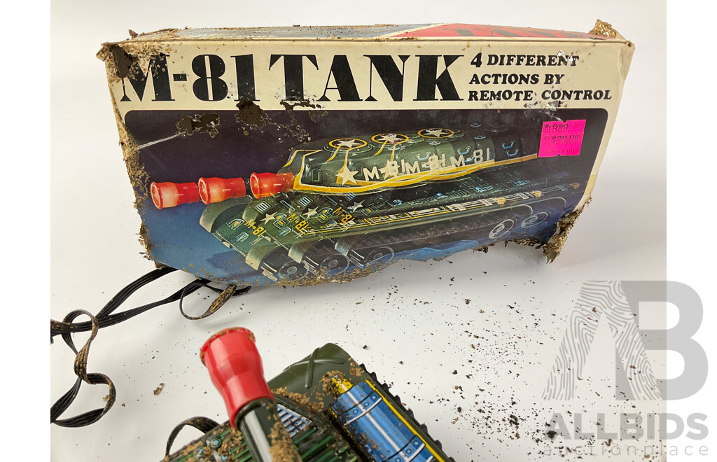 Vintage Trade Mark Modern Toys Pressed Steel Remote Controlled Tank, with Weathered Box, Made in Japan