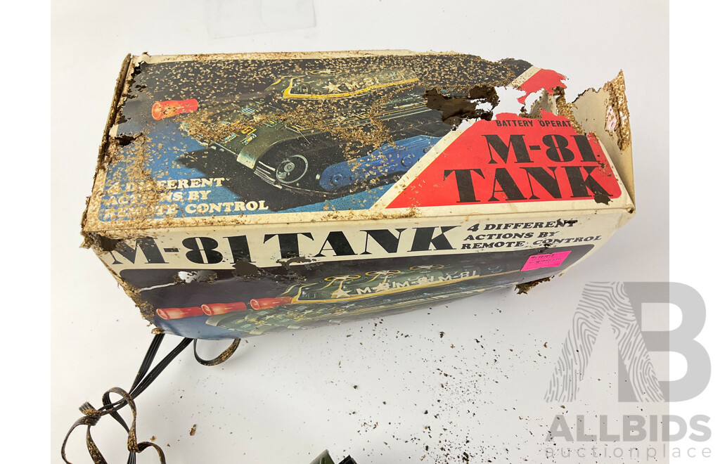 Vintage Trade Mark Modern Toys Pressed Steel Remote Controlled Tank, with Weathered Box, Made in Japan