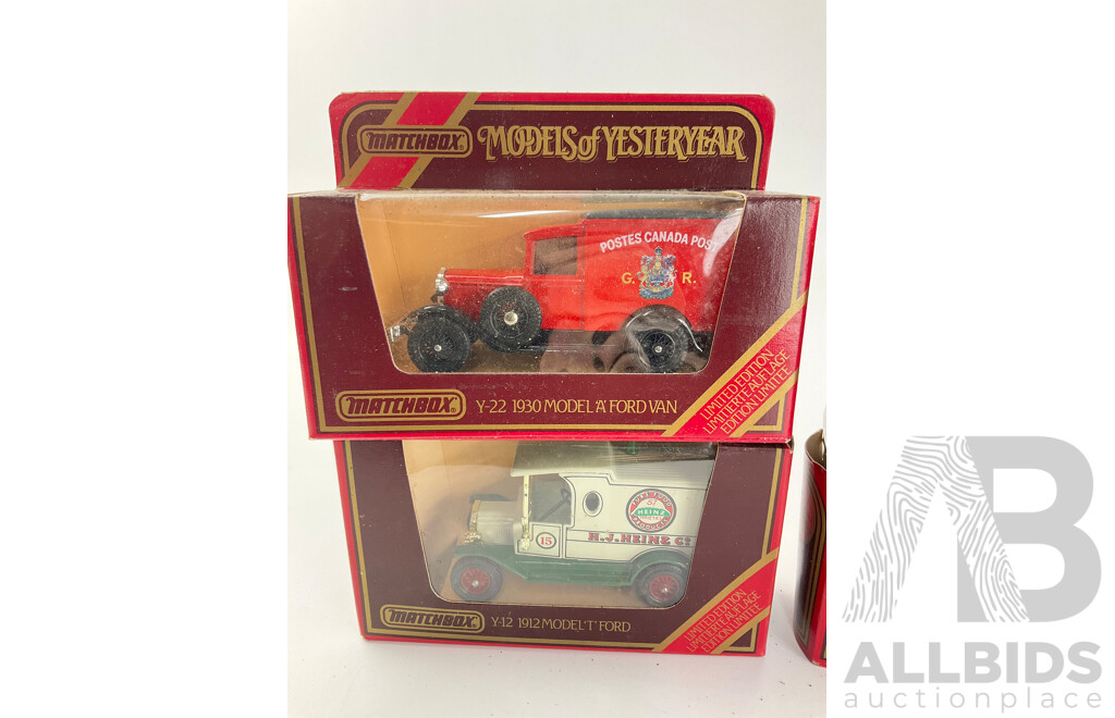 Collection of Matchbox Models of Yesteryear Company Vans and Trucks Including 1912 Ford Model T, 1922 Foden Steam Lorry, 1922 AEC Omnibus