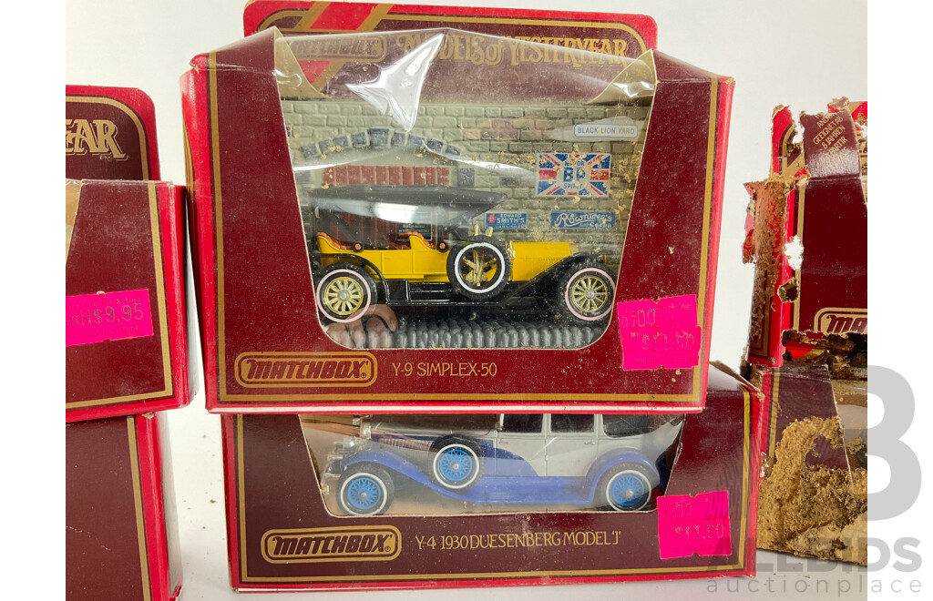 Collection of Matchbox Models of Yesteryear Classic Cars Including 1930 Duesenberg Model J, Simplex-50, 1928 Mercedes Benz SS, 1936 Auburn Speedster, 1931stutz Bearcat, 1930 Bentley