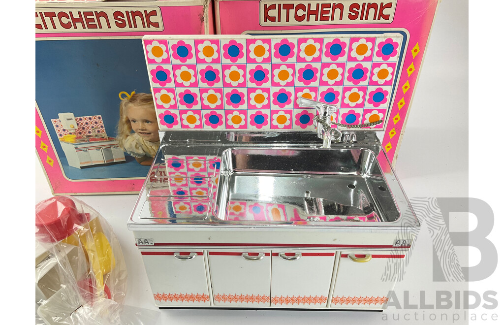 Three Vintage Daiya Toy Kitchen Sinks in Original Packaging, Made in Japan