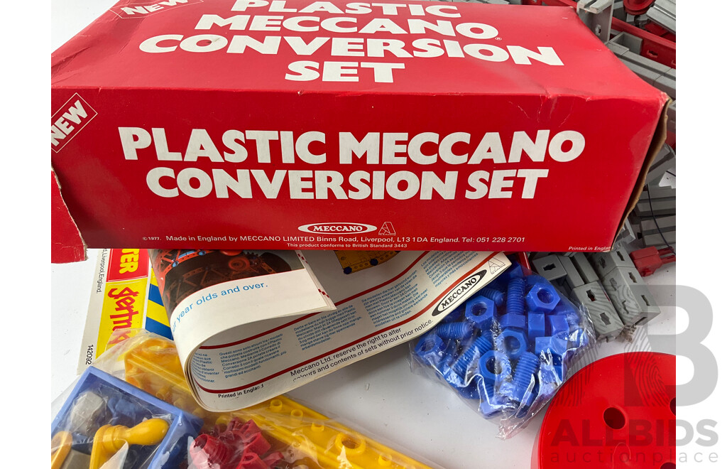 Vintage Plastic Meccano Conversion Set in Original Box and Collection of Fisher Technik with Electric Motor