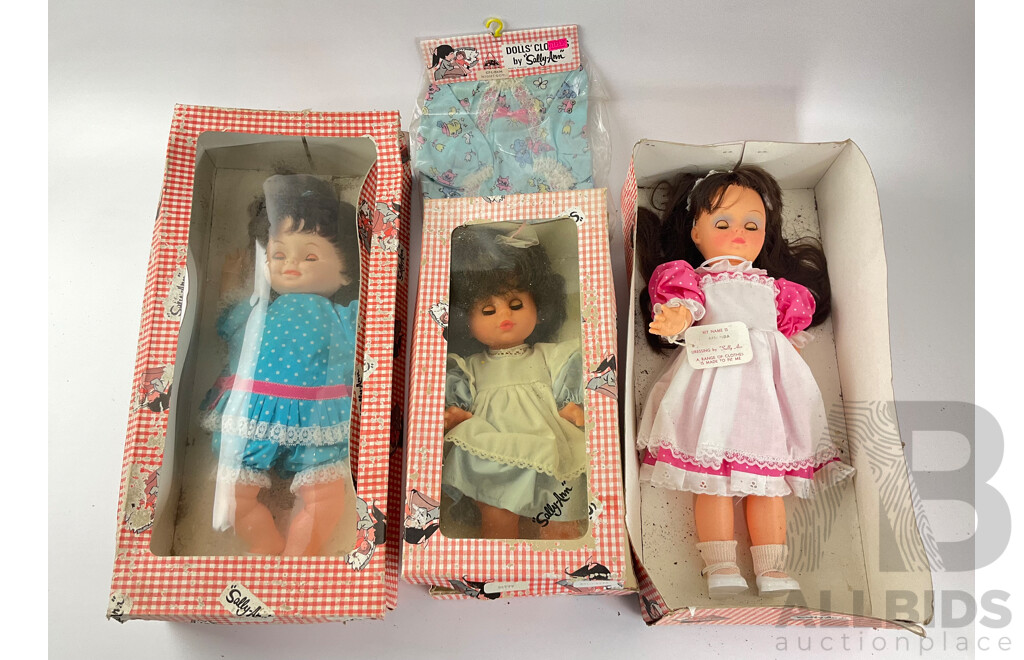 Three Vintage Sally-Ann Dolls, Amanda, Heidi and Betty with Weathered Boxes Includes Clothing Packets Made in Australia