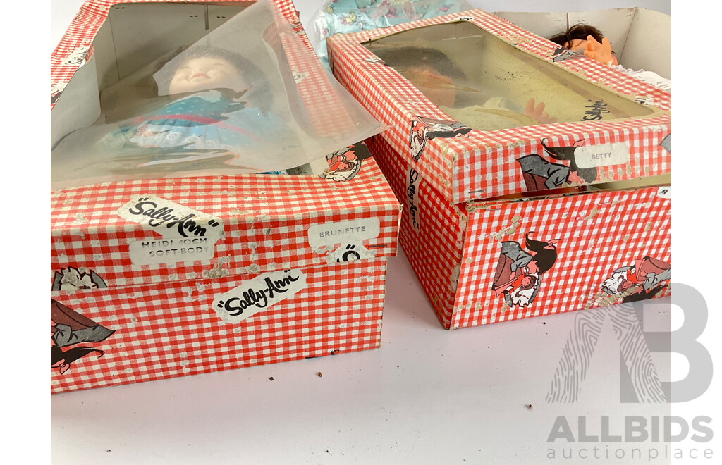 Three Vintage Sally-Ann Dolls, Amanda, Heidi and Betty with Weathered Boxes Includes Clothing Packets Made in Australia