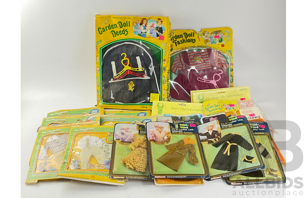 Collection of Vintage Doll Clothing in Original Packets Including Cabage Patch Doll Garden Needs and Rose's Elite Doll's Fashions, Mini-Mod and Pedigree 'The Champions'