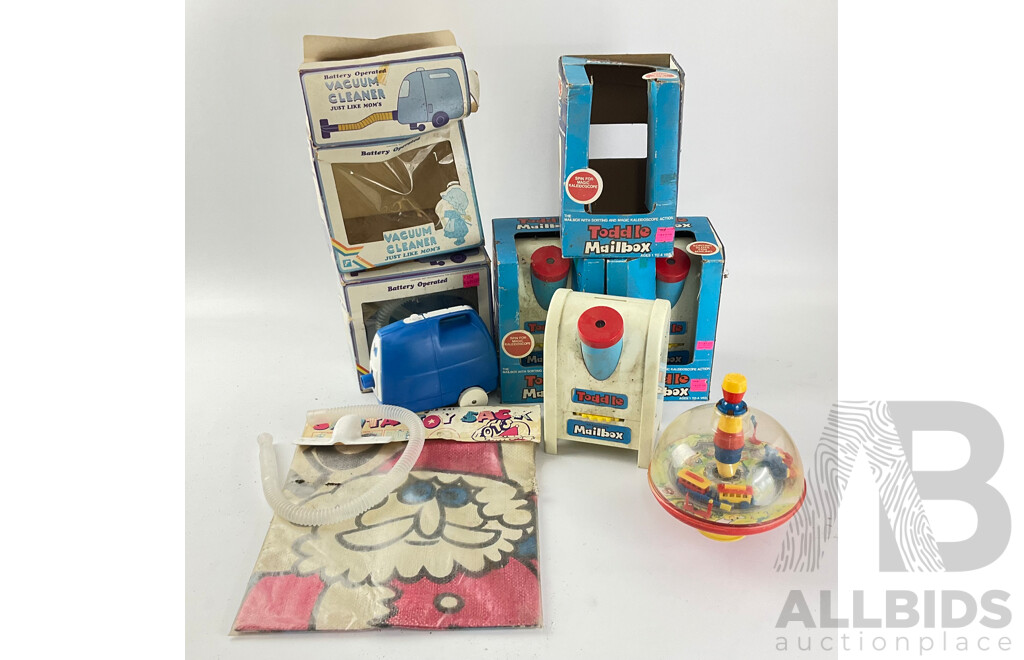 Three Vintage Boxed Toodle Mailbox Kaledoscopes, Two Battery Operated Toy Vacuum Cleaners, Large Santa Sack and Toy Train Spinning Top