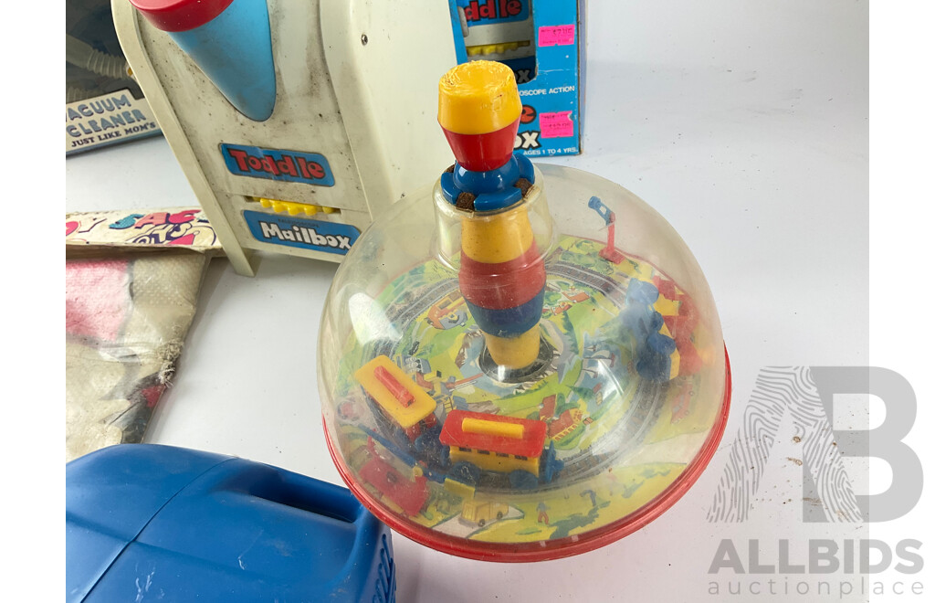 Three Vintage Boxed Toodle Mailbox Kaledoscopes, Two Battery Operated Toy Vacuum Cleaners, Large Santa Sack and Toy Train Spinning Top