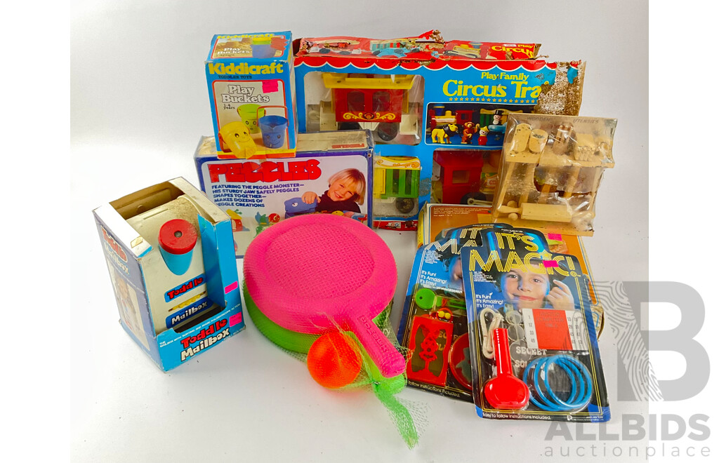 Collection of Vintage Toys Including Fisher Price Circus Train, Kiddicraft Play Buckets, Toddle Mailbox Kaleidoscope, Peggles, Action Stacks, Magic Computer Trick, Wooden Utensils and Combex Bats and Ball