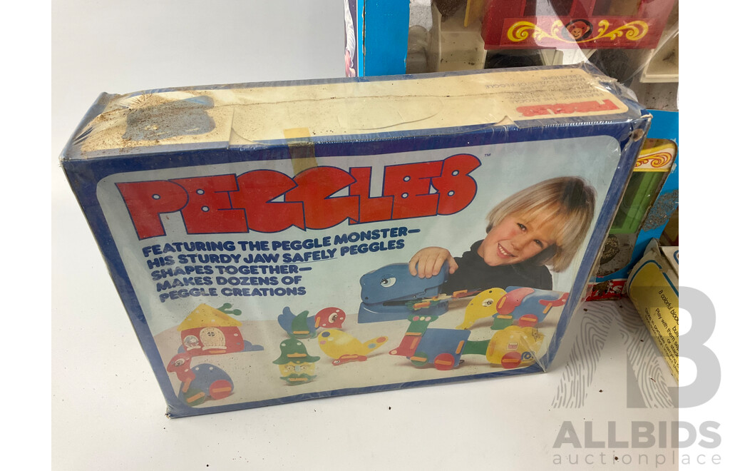 Collection of Vintage Toys Including Fisher Price Circus Train, Kiddicraft Play Buckets, Toddle Mailbox Kaleidoscope, Peggles, Action Stacks, Magic Computer Trick, Wooden Utensils and Combex Bats and Ball