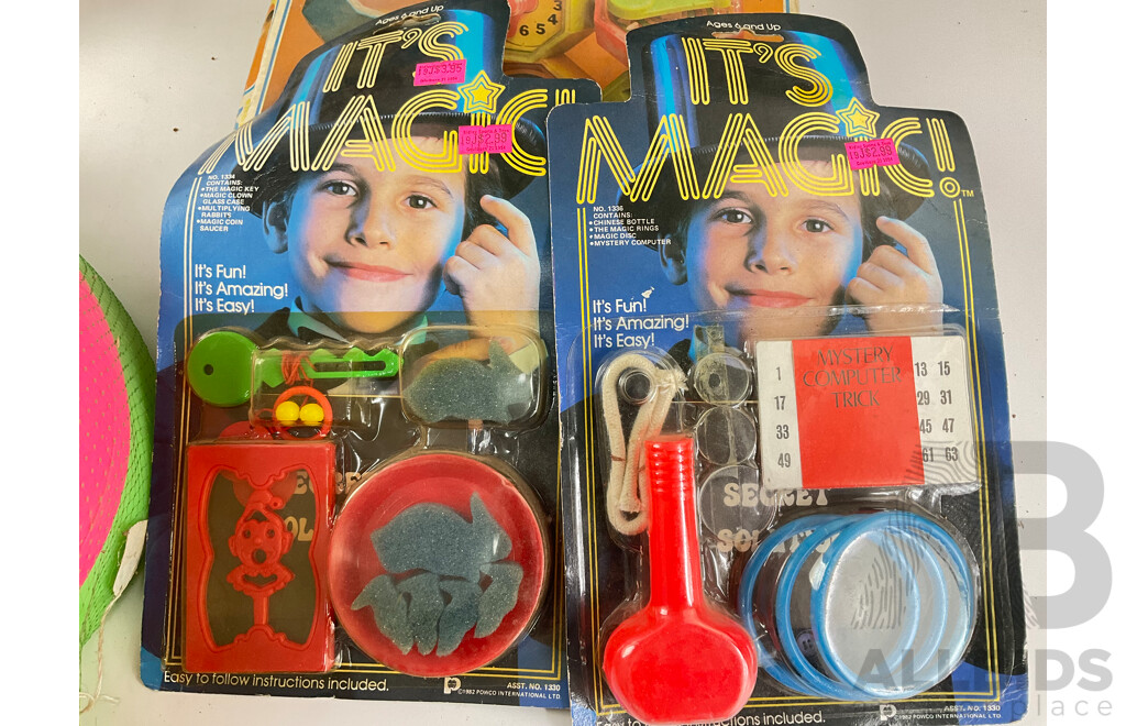 Collection of Vintage Toys Including Fisher Price Circus Train, Kiddicraft Play Buckets, Toddle Mailbox Kaleidoscope, Peggles, Action Stacks, Magic Computer Trick, Wooden Utensils and Combex Bats and Ball