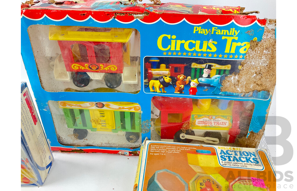 Collection of Vintage Toys Including Fisher Price Circus Train, Kiddicraft Play Buckets, Toddle Mailbox Kaleidoscope, Peggles, Action Stacks, Magic Computer Trick, Wooden Utensils and Combex Bats and Ball