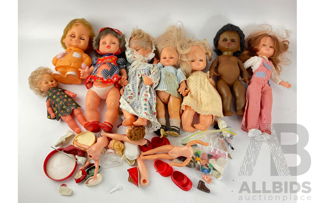 Large Collection of Vintage Dolls, Doll Parts, Prams and Basket