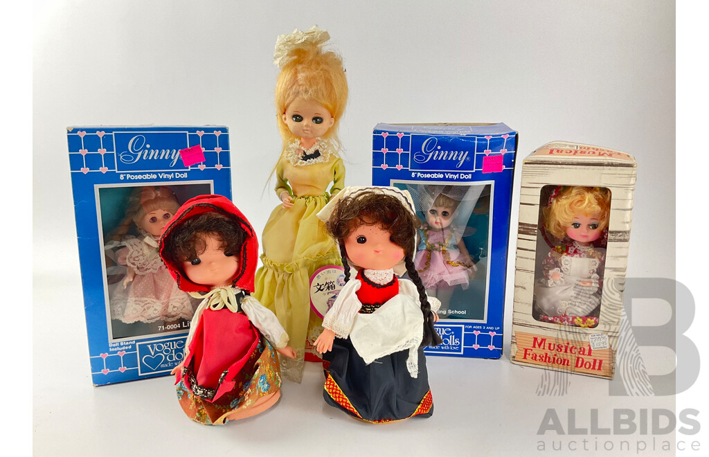 Collection of Vintage Musical Dolls and Vogue Dolls Ginny, Posable with Stand