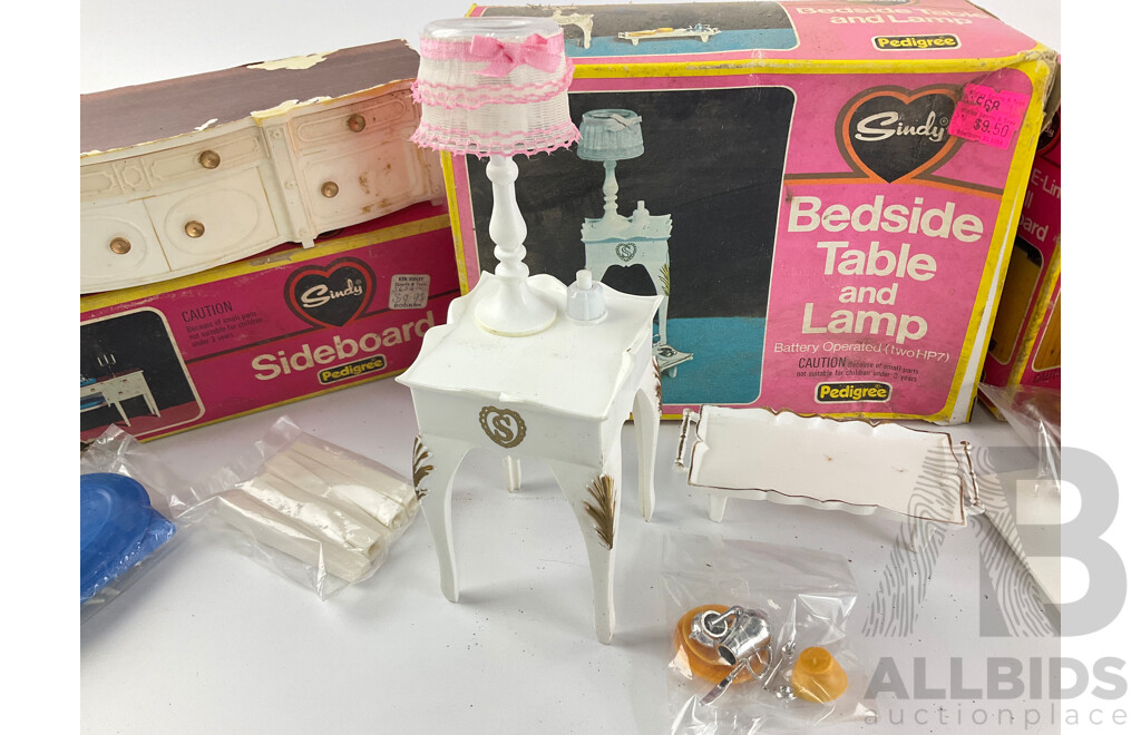 Vintage Pedigree Sindy Accessories Including Sideboard, Bedside Table and Lamp, Eastham E-LineWall Cupboard, All with Original Packaging