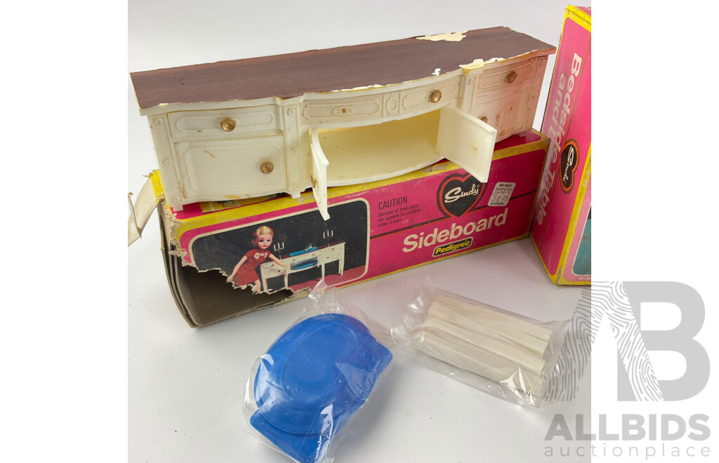 Vintage Pedigree Sindy Accessories Including Sideboard, Bedside Table and Lamp, Eastham E-LineWall Cupboard, All with Original Packaging