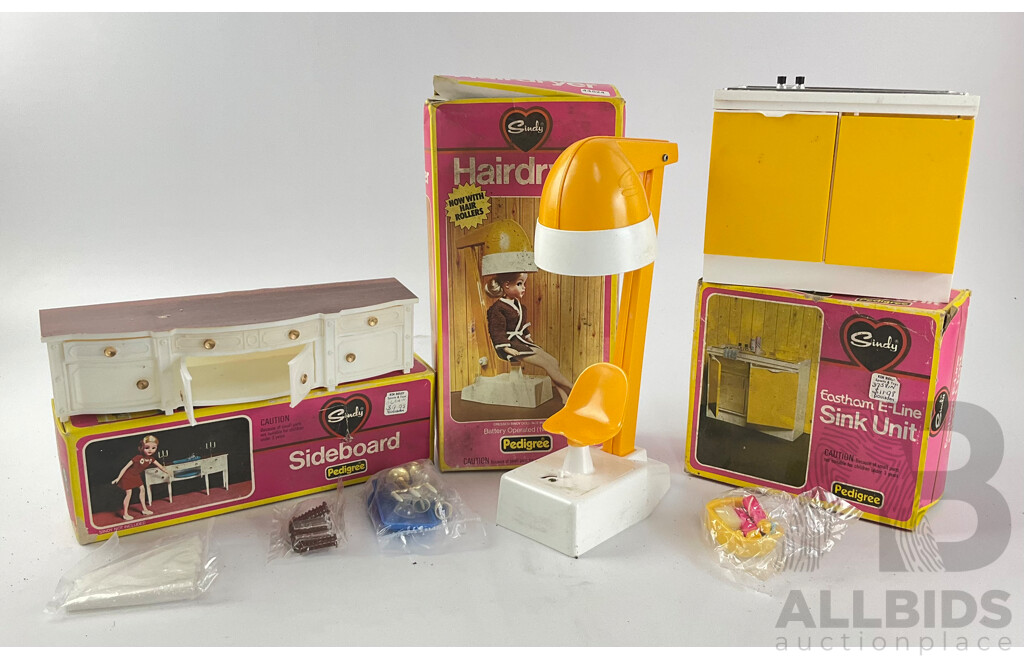 Vintage Pedigree Sindy Accessories Including Sideboard, Hairdryer, Eastham E-LineWall Sink Unit, All with Original Packaging