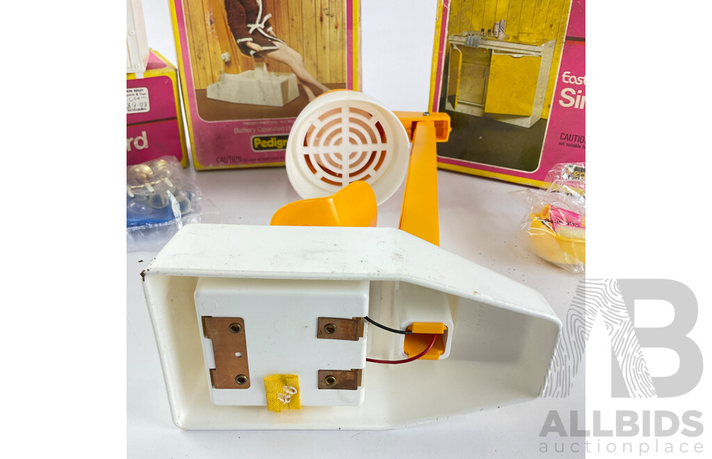 Vintage Pedigree Sindy Accessories Including Sideboard, Hairdryer, Eastham E-LineWall Sink Unit, All with Original Packaging