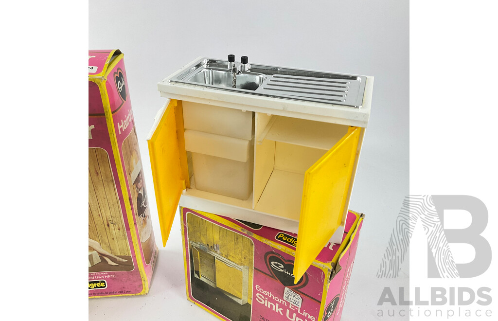 Vintage Pedigree Sindy Accessories Including Sideboard, Hairdryer, Eastham E-LineWall Sink Unit, All with Original Packaging