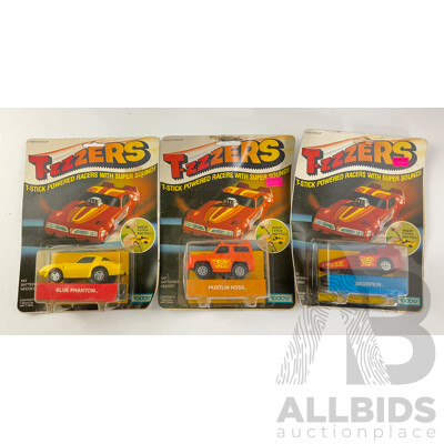 Vintage Toltoys T-zzzers T Stick Powered Racers, Blue Phantom, Skorpion and Hustlin Hoss in Original Packaging