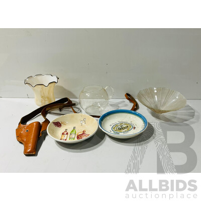 Collection of Vintage Decorative Items Including Bowls, Leather Gun Holster, Glass Lampshade and Morw