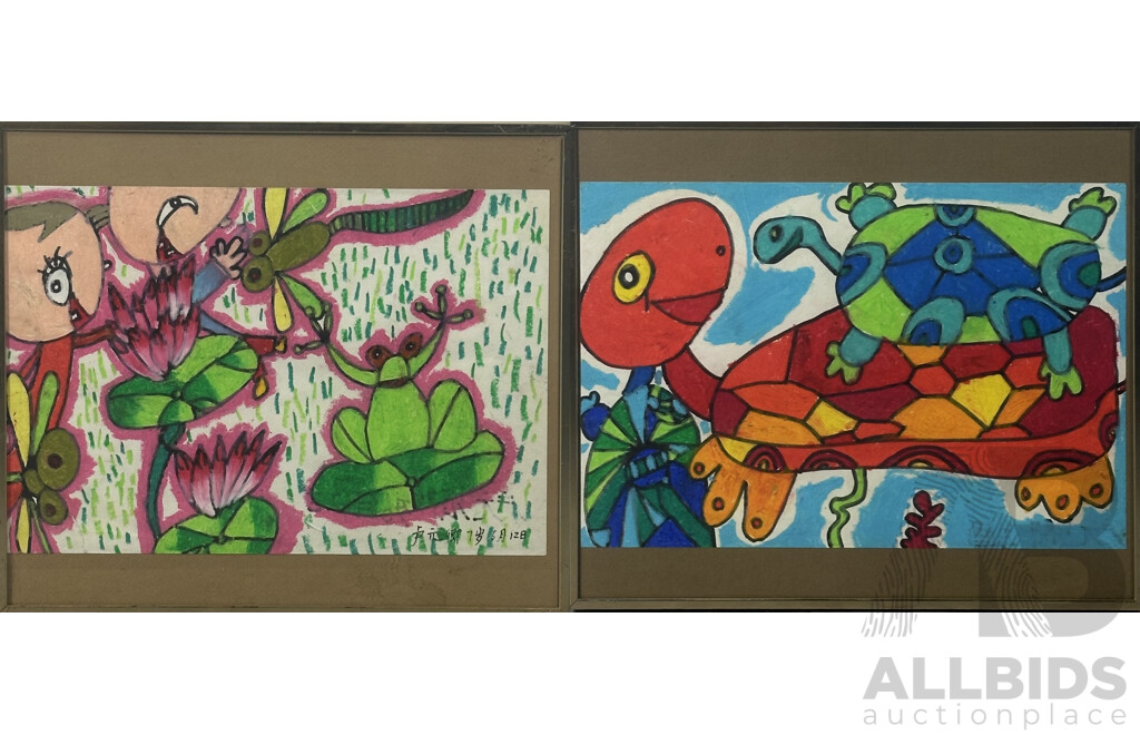 Pair of Framed Chinese School Children Art, Turtles and Frog and Dragonflies, Mixed Media and Pastel, 36 x 41 cm (frames) (2)