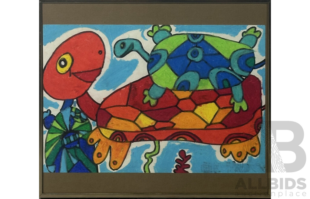 Pair of Framed Chinese School Children Art, Turtles and Frog and Dragonflies, Mixed Media and Pastel, 36 x 41 cm (frames) (2)