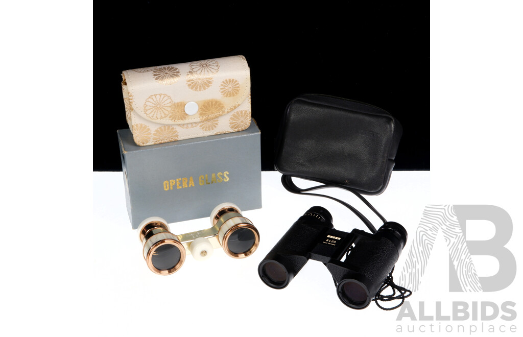 Set Opera Glasses in Original Case and Box Along with Ziess 8 X 20 Binoculars in Case