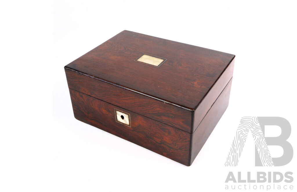 Antique Mahogany Document Box with Internal Tray, Mother of Pearl Inlay to Top and Pair Original Ikwells