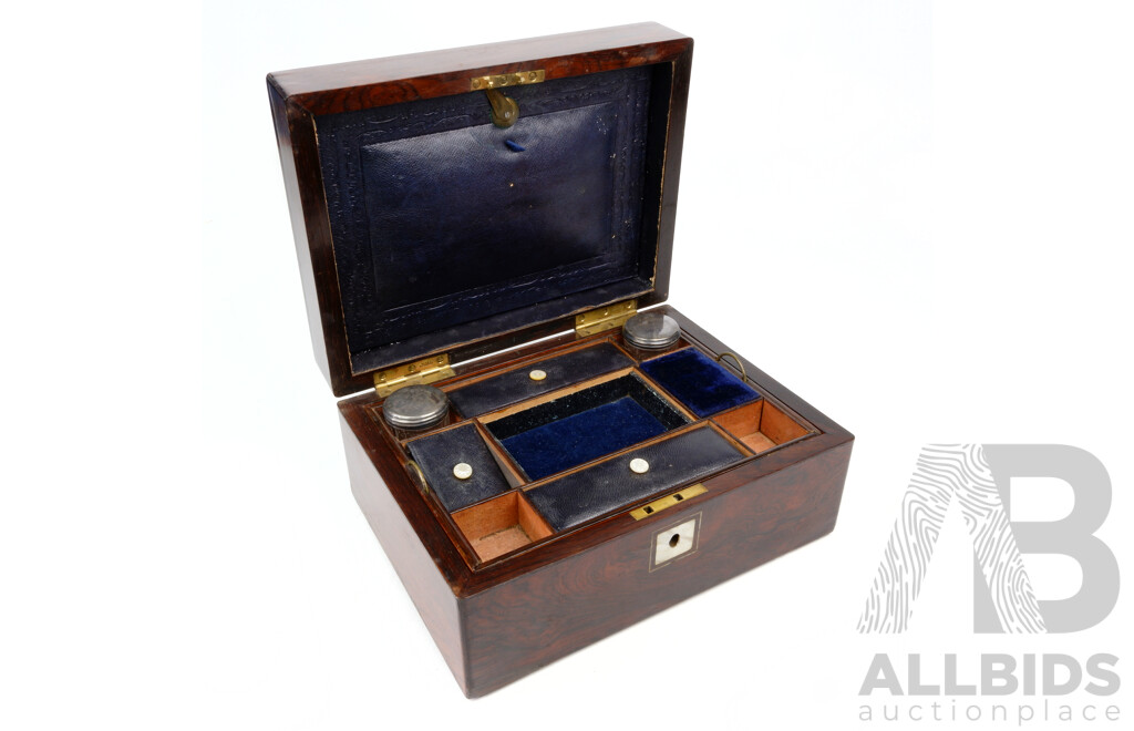 Antique Mahogany Document Box with Internal Tray, Mother of Pearl Inlay to Top and Pair Original Ikwells