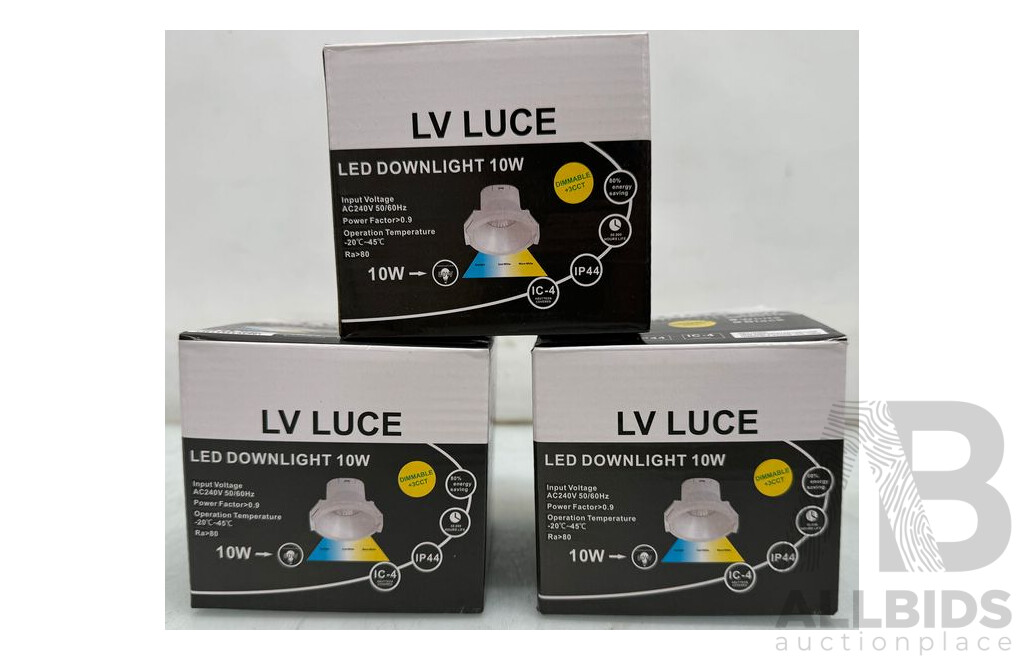 LV Luce 10W LED Downlight Tri Colour Dimmable Black - Lot of 3