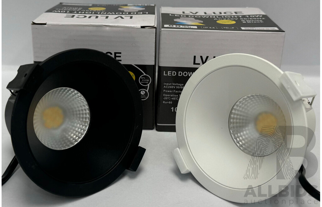 LV Luce 10W LED Downlight Tri Colour Dimmable, Black & White - Lot of 4